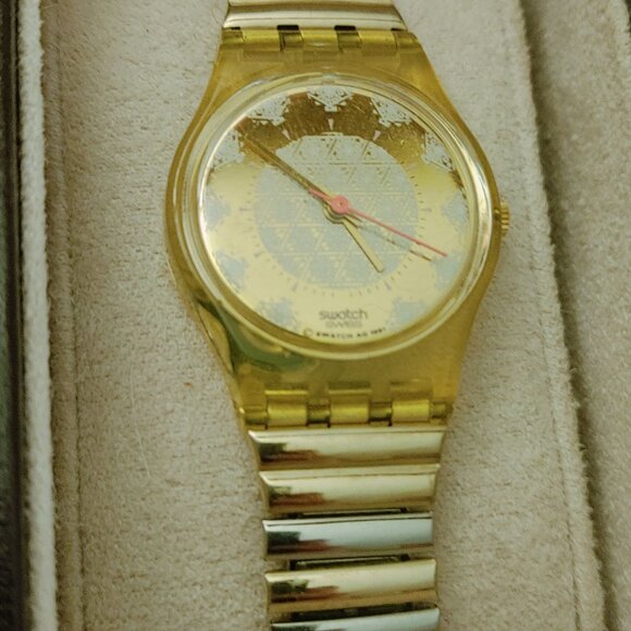 Vintage Swatch Gold Dial Watch With Yellow Transparent Case & Metal Bracelet main image 4